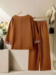 Lacomfia Conjunto de 2 piezas para mujer talla grande: Top estampado y pantalón de pierna ancha