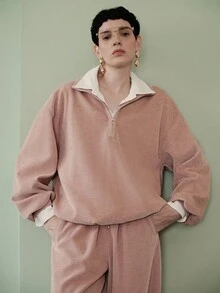 Uhlyne Uhlyne Women's Casual Minimalist Distressed Collar Zip-Up Ribbed Sweatshirt, Autumn/Winter - Dusty Pink - View 1
