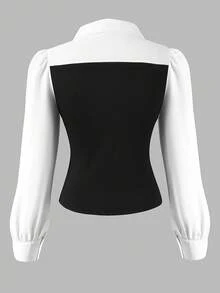 Sparklyn Teen Girl Casual Two-Tone V-Neck Lantern Sleeve Fitted Shirt, Spring/Autumn