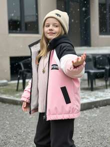 女童休闲连帽长袖保暖拉链外套，适合秋冬季节日常穿着、上学、户外活动、街头穿搭。