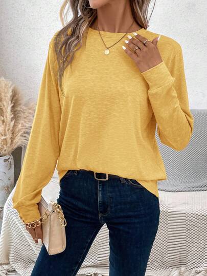 SHEIN LUNE Women's Solid Color Round Neck Long Sleeve Casual Loose Versatile T-Shirt Long Sleeve Top Women Long Sleeve Tops Solid Color Tops Basic Long Sleeve Top