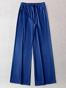 SHEIN LUNE 女士休闲亮面缎面低腰阔腿裤，适合简约休闲和通勤穿搭，春夏缎面裤，女士蓝色休闲裤 - 藍色 - 查看 3