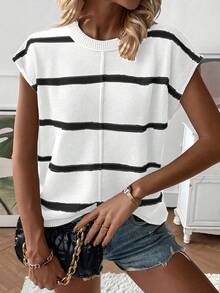 Calvaya 女士秋冬新款休闲宽松圆领落肩无袖针织背心毛衣，时尚条纹拼色套头衫 - 黑與白 - 查看 6