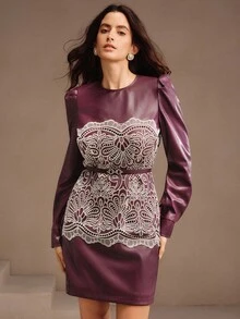 Anewsta Women's Elegant Christmas & Everyday Wear Wine Red Embroidered Hollow-Out Long Sleeve Round Neck Belted Short Dress, Premium Autumn/Winter New Arrival - Burgundy - View 4