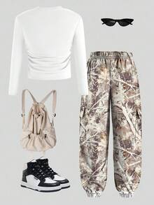 Sparklyn 2pcs Set Bowknot Camouflage Print Casual Fashionable Outfit, Tween Girls Long Sleeve Top And Jogger Pants Set Fall Winter - Multicolor - View 6