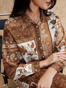 SHEIN Privé VITNOS Women's Two Pieces Set,Brown And Cream Floral Print Shirt And Pants,Boho Long Sleeve Drop Shoulder Elegant Outfit,Autumn Vacation Holiday - Multicolor - View 7