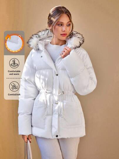 CLARA VERO Solid Color, Drawstring Waist, Faux Fur Hooded, Wintercoat