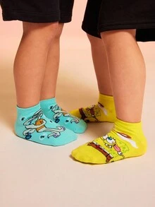 SpongeBob SquarePants | SHEIN 4 双棉质柔软透气吸湿排汗儿童短袜，彩色可爱卡通图案踝袜，加固脚趾和脚跟，经久耐用，男女通用，适合所有季节，百搭，适合学校和户外，夏季冬季，帕特里克、章鱼哥、蟹老板 - 彩色 - 查看 12