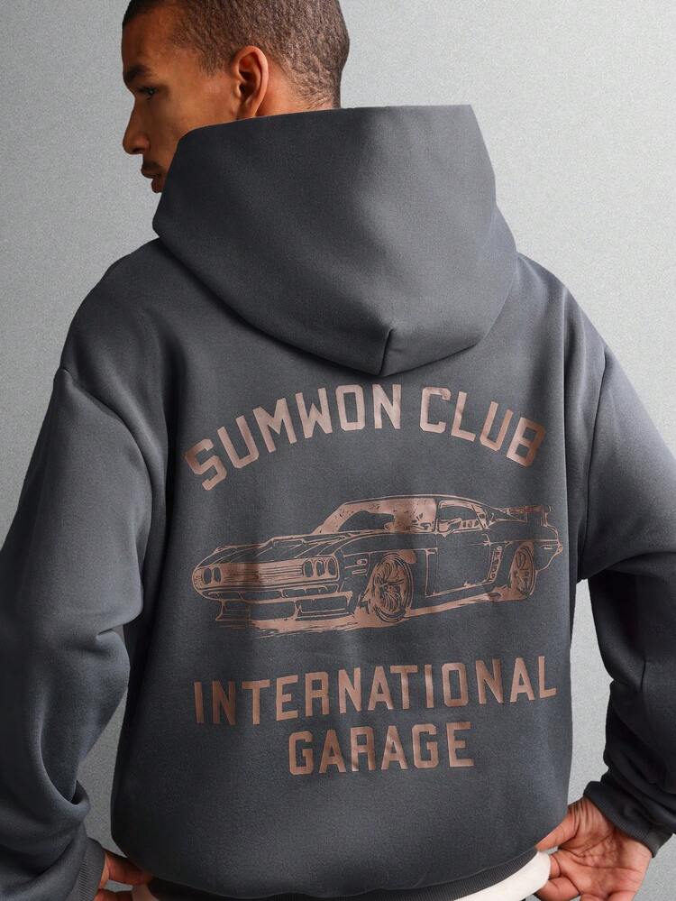 ヴィンテージカープリントのフリースプルオーバーパーカー