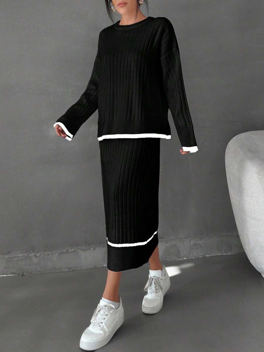 EURMUSE Women Striped Detailed Sweater Long Skirt Set Co-Ords - Black - View 1