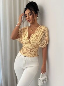 Elenzga Áo cánh tay dơi in hoa xếp ly eo gợi cảm thời trang cho nữ - Màu vàng - Xem 5