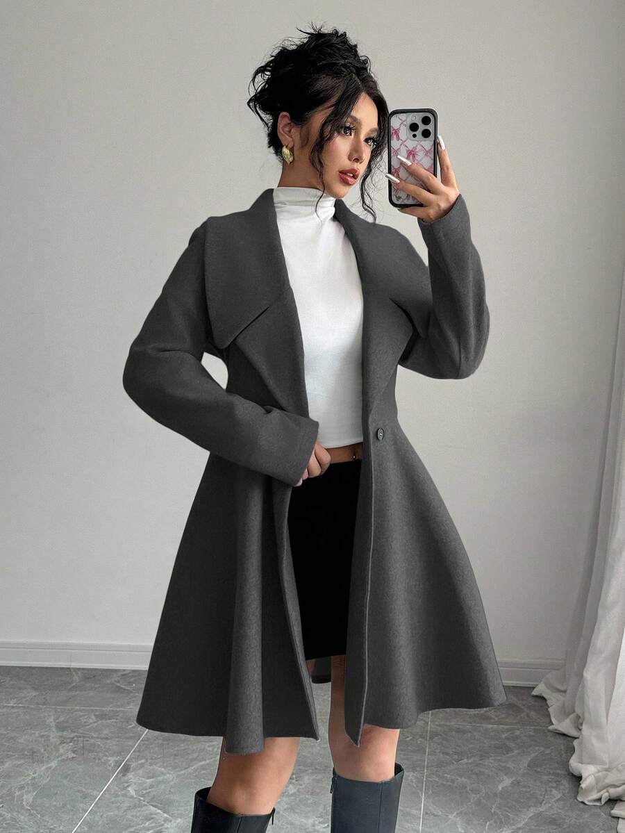 Elenzga Áo khoác ngoài thanh lịch, tay dài, hai hàng khuy, màu trơn dành cho nữ, mùa thu/đông - Màu xám đen - Xem 1