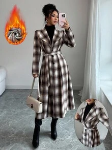 Elenzga 优雅通勤时尚百搭格子粗花呢面料，大翻领束腰单排扣长款女式大衣 - 棕色 - 查看 1