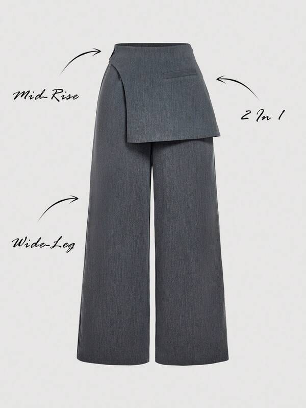 SHEIN MOD Women Dark Gray Overlay Formal Pants, Suitable For Back To School Season, Workwear In Fall/Winter