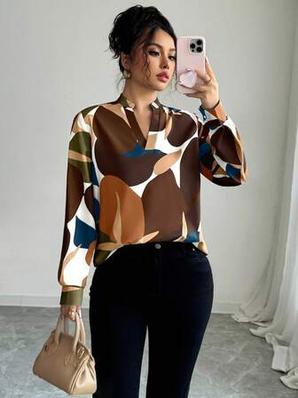 Elenzga Women's Casual Vacation Style All-Over Print Notched Collar Lantern Sleeve Loose Blouse, Spring/Autumn Fall Cloth For Women