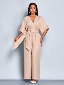 SOLERSUN Early Fall Women's Wear Elegant Commuter Daily Leisure Apricot Color Yarn-Dyed Woven Fabric Cross-Wrap V-Neck Back Slit Button Removable Belt Tie Knot Batwing Sleeves Three-Quarter Sleeves Gathered At Waist Jumpsuit Trousers - Khaki - View 4