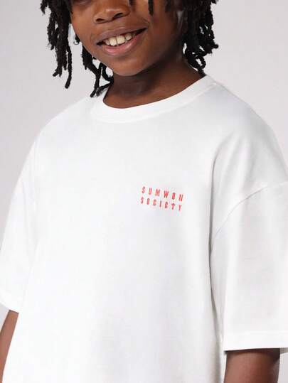 SUMWON Society White Regular Fit Graphic T-Shirt Classic Casual Cotton Essential Summer Basic Crew Neck Streetwear Short Sleeve Minimalist Design Youth Basic