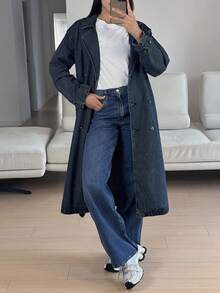 DAZY 女式长款系带休闲牛仔夹克，宽松都市风格 - 中等水洗藍 - 查看 4