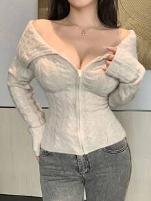 DAZY 女士超大领口开衫、短款休闲针织毛衣 - 杏色 - 查看 6