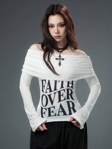 Bloopia 休闲时尚百搭女装秋冬万圣节图案字母印花网眼拼接露肩修身针织上衣 - 白色 - 查看 5