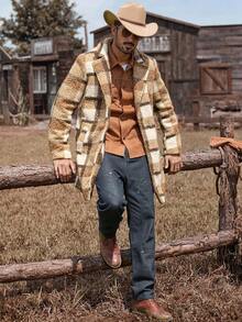 Manfinity Nomadique Men's Loose Fit Plaid Patched Pocket Drop Shoulder Overcoat Going Out Casual Color Block Overcoat, Fall/Winter - Multicolor - View 3