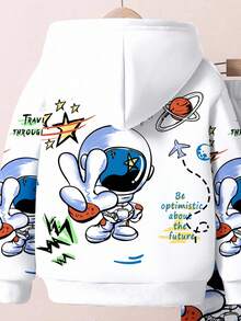 SHEIN 2 件套年轻男童休闲时尚经典时尚宇航员图案印花宽松套头连帽运动衫套装，适合秋冬季 - 彩色 - 查看 6