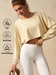 VARSIVA Kaos Olahraga Wanita Lengan Panjang Raglan Warna Polos dengan Potongan Longgar - Krem - View 2