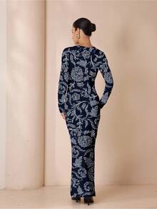 Glamance Shutterstock 藏蓝色复古印花休闲优雅修身弹力连衣裙，适合日常穿着、工作、外出、办公室、旅行、派对、约会等场合，秋冬季外出优雅连衣裙，时尚别致的服装系列 - 彩色 - 查看 8