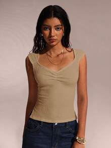 SHEIN Forever 21 Top de Verão para Férias na Praia, Feira do Renascimento, Show Country, Estilo Y2K, Formatura, Saída, Festival de Música, Aeroporto, Páscoa, Boho, Dia das Mães, Formatura, Igreja, Mulheres, Decote Coração, Caqui