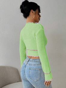 EMERY ROSE Women's Casual Contrast Trim Cropped Cardigan, Autumn - Mint Green - View 2