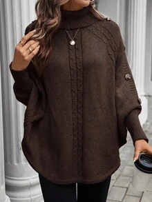 SHEIN LUNE Áo len Poncho cổ lọ tay cánh dơi cài nút trang trí viền bất đối xứng cho nữ, Áo len dệt kim màu nâu thu đông Áo len màu nâu Áo len Poncho màu nâu Áo len cổ lọ màu nâu cho nữ Áo len cài nút màu nâu - Cà phê nâu - Xem 6