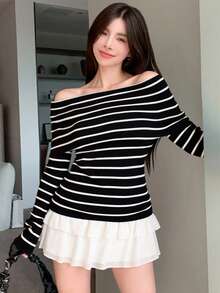 DAZY Black Striped Off-Shoulder Unique Slimming Versatile Off-Shoulder Long Sleeve Sweater - Black and White - View 4