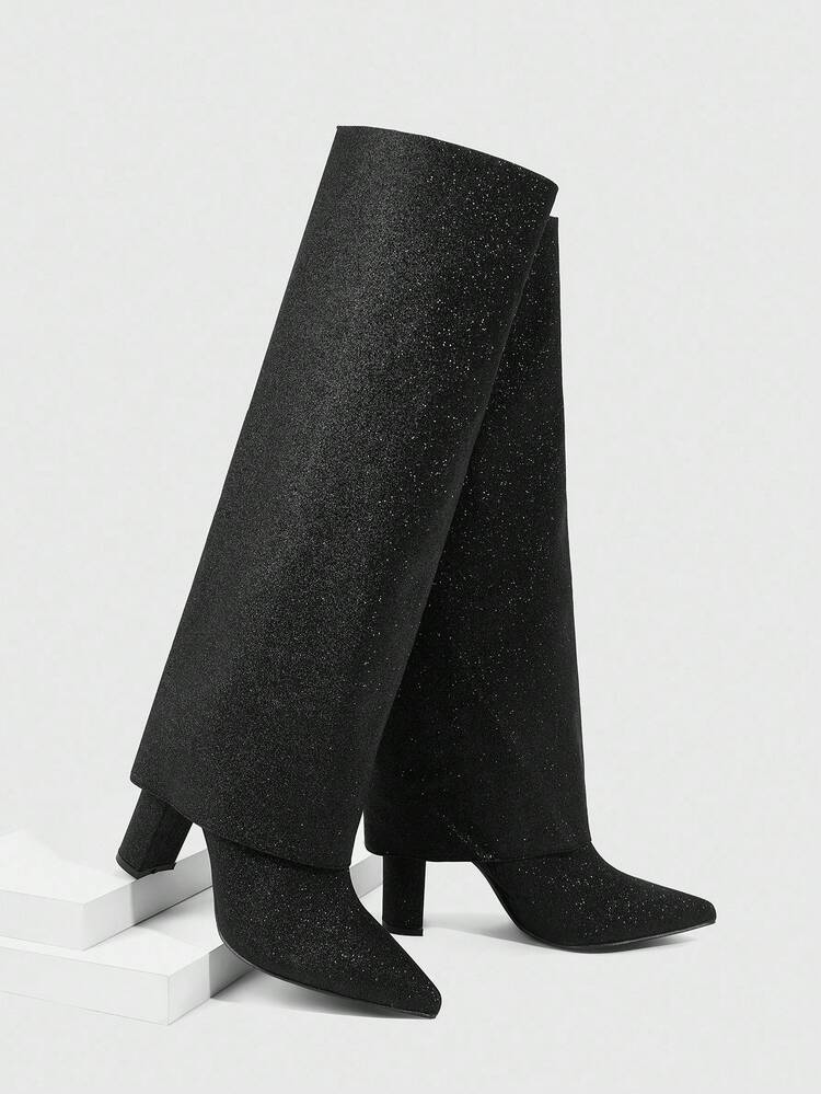 CUCCOO SZL Women's Pointed Toe Thick Heel Boots, Black Glitter Material Double Layer Design, Fashion Sexy Comfortable For Daily, Party, Event, Side Zipper Slip-On