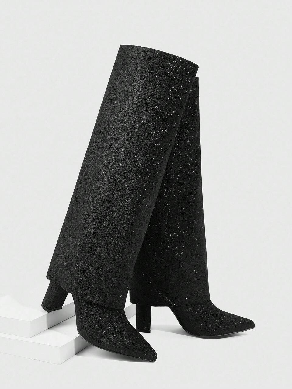 CUCCOO SZL Women's Pointed Toe Thick Heel Boots, Black Glitter Material Double Layer Design, Fashion Sexy Comfortable For Daily, Party, Event, Side Zipper Slip-On