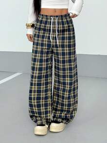 SHEIN PETITE Women's Plaid Drawstring Waist Straight Leg Pants, Autumn - Navy Blue - View 1