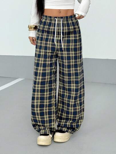 SHEIN PETITE Women's Plaid Drawstring Waist Straight Leg Pants, Autumn