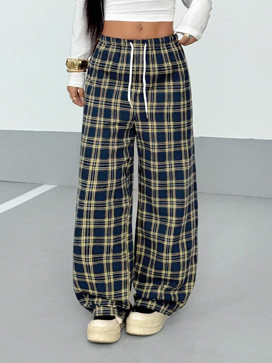 SHEIN PETITE Women's Plaid Drawstring Waist Straight Leg Pants, Autumn - Navy Blue - View 1