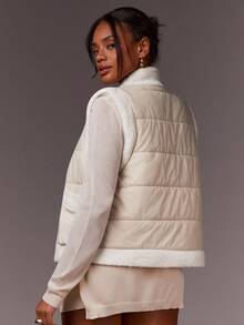 Athîral Women's Sherpa-Trim Quilted Vest Jacket,Soft Padded Nylon Fleece Edging Collarless Sleeveless Relaxed Fit,Beige,Autumn,Casual,Occasion Outerwear - Multicolor - View 2