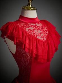 SHEIN ICON 女式红色万圣节迷你立领蕾丝网眼分层不对称下摆服装连衣裙 - 紅色 - 查看 11