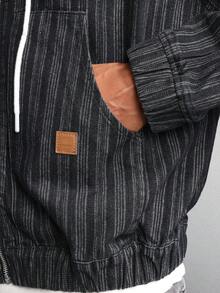 SUMWON Áo khoác denim kẻ sọc cotton có mũ trùm đầu có khóa kéo phong cách đường phố hiện đại, lấy cảm hứng từ phong cách cổ điển, áo khoác ngoài thường ngày, thời trang thu đông - màu đen - Xem 5