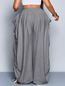 SOLERSUN 大码女式纯色休闲宽松口袋抽绳裤 - 灰色 - 查看 2