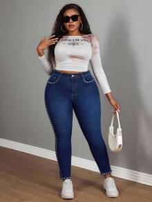 Slaydiva Jeans azules de talla grande con estilo vaquero, cintura elástica y detalles de remaches laterales, para otoño e invierno - Azul lavado oscuro - Ver 6