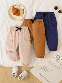 SHEIN Playful Pals 幼儿男童时尚工装裤，带口袋，纯色，简约百搭，舒适休闲慢跑裤，适合春秋季 - 彩色 - 查看 1