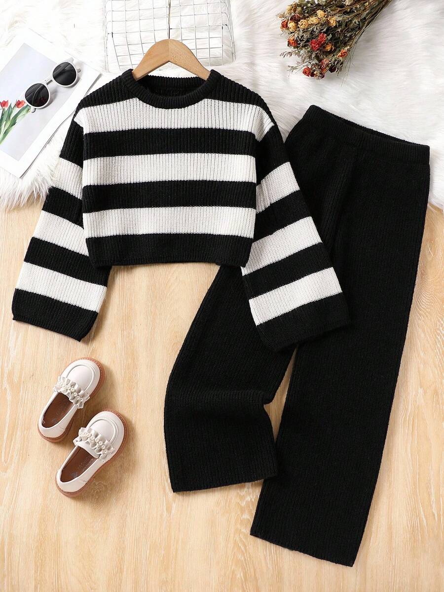 SHEIN 青少年女孩条纹针织两件套，毛衣和裤子套装，时尚休闲冬季服装 - 黑色 - 查看 1