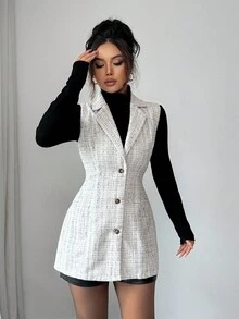 Elenzga Chaqueta sin mangas de frente abierto casual para mujer, adecuada para ir al trabajo, otoño/invierno - Blanco y Negro - Ver 4