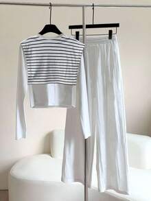 INAWLY 2pcs/Set Women Cavalier Print Long Sleeve Single-Breasted T-Shirt And Pants, Casual Outfit Fall Cloth For Women - White - View 2