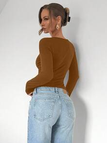 RosyDaze 不对称下摆长袖纯色 T 恤上衣，简约时尚，适合休闲日常穿着，基本款长袖上衣，长袖黑色上衣，女士长袖上衣，黑色长袖上衣 - 摩卡棕 - 查看 2