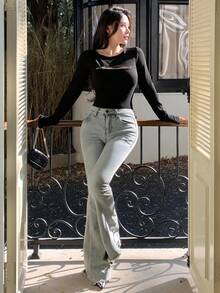 DAZY 女士黑色圆领长袖拉链纯色可爱镂空温柔T恤夏季返校服