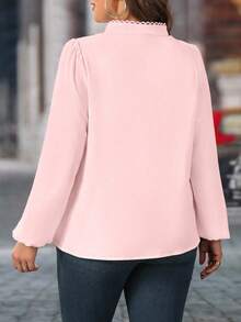 Plus Size Women Elegant Floral Lace Trim Long Sleeve Blouse, Suitable For Commuting, Business, Party - Pink - View 2