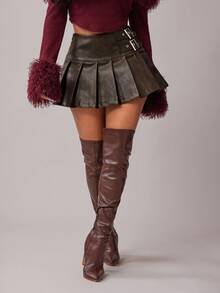 Radiana Casual Versatile Pleated Mini Skirt For Women Belt Skirt Leather Skirts Burgundy Skirt Brown Skirts,ملابس شتوية للنساء - Coffee Brown - View 4